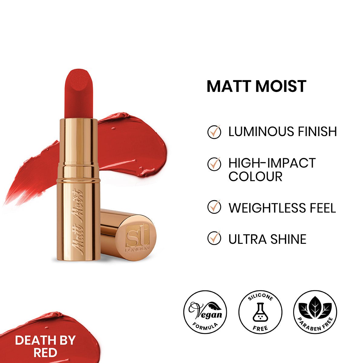 5060390412864_9d5ef303-70a1-4735-ad37-e3dd651a5d13.jpg ST London - Matt Moist Long-Lasting Lipstick - Death by Red - Image 1